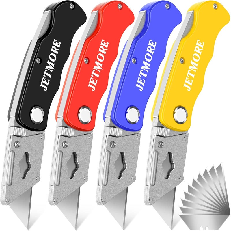 Jetmore 4 Pack Folding Utility Knife with Extra 10Pcs Blades, Box Cutters for Home, Office, Warehouse, Durable Razor Knife, Box Knife, Box Opener, Small Box Cutter with Clip, Navajas de Trabajo - Image 1
